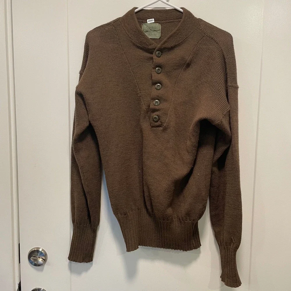 Vintage US Military 100% Wool 5 Button Henley Sweater Brown Mens Large 42-44